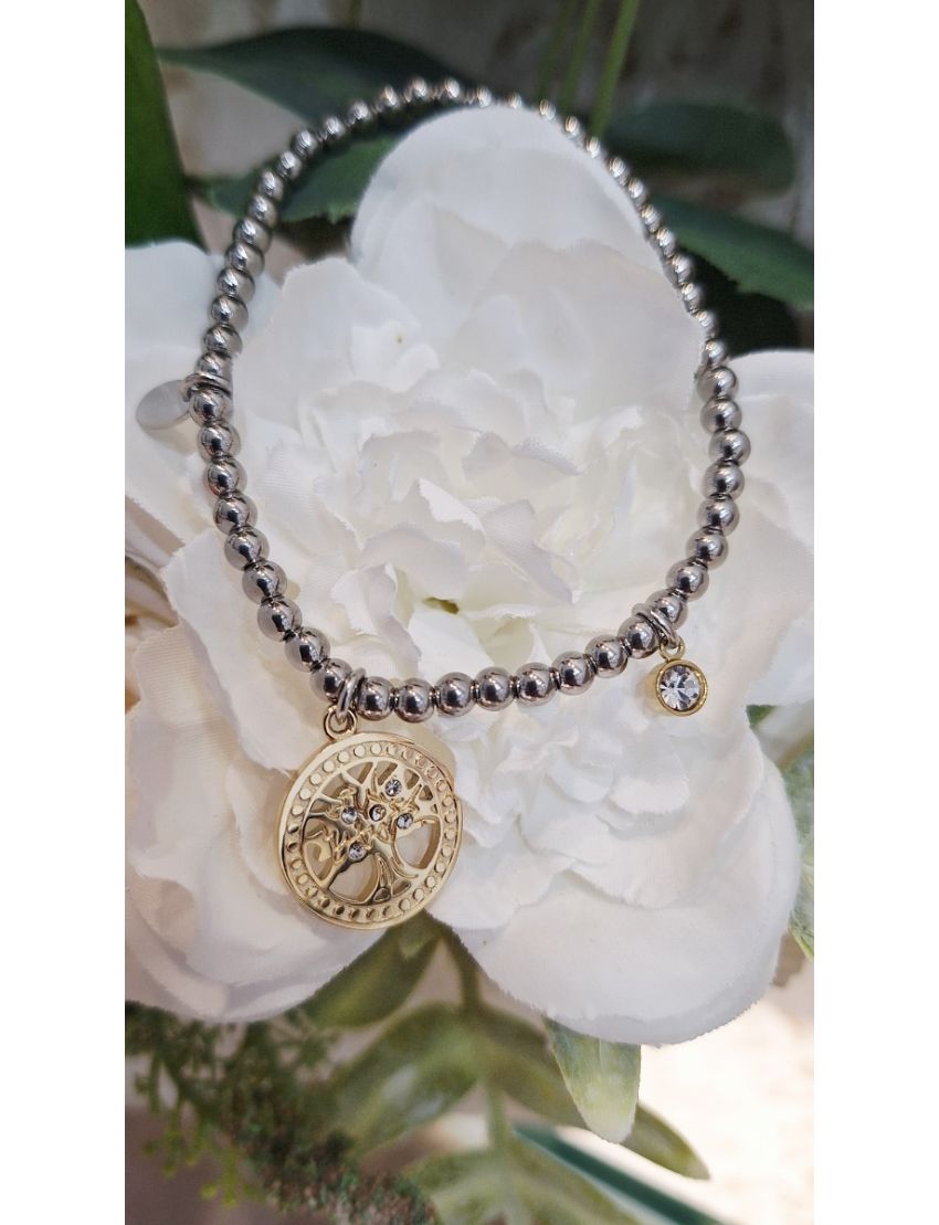 Pulseira Aço Lotus pendente Arvore da vida Bicolor