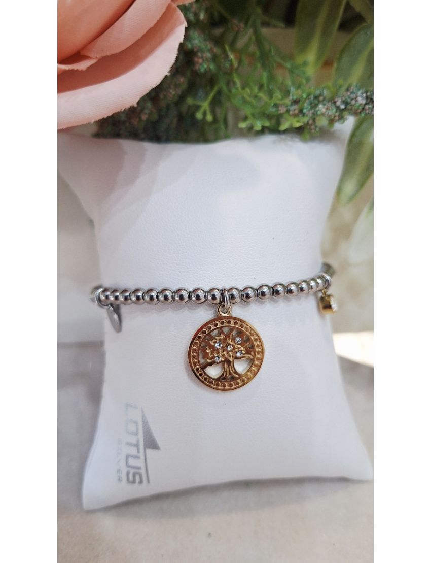 Pulseira Aço Lotus pendente Arvore da vida Bicolor