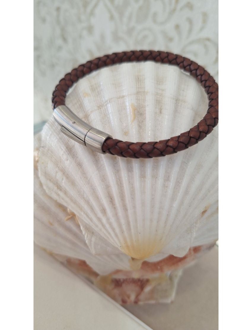 Pulseira Aço e Pele Castanha Lotus 