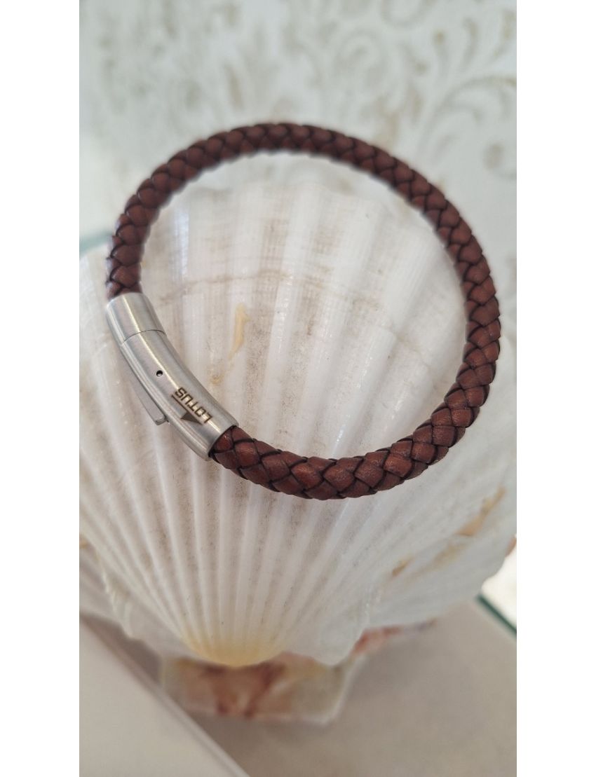 Pulseira Aço e Pele Castanha Lotus 