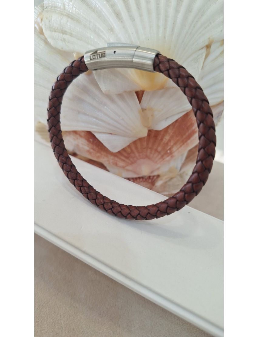 Pulseira Aço e Pele Castanha Lotus 