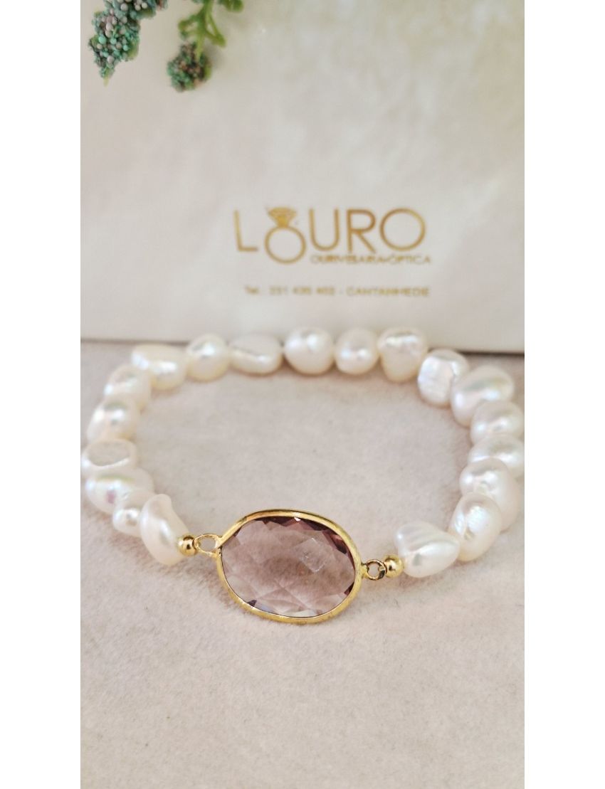Pulseiras Perolas e Prata Pedra Rosa