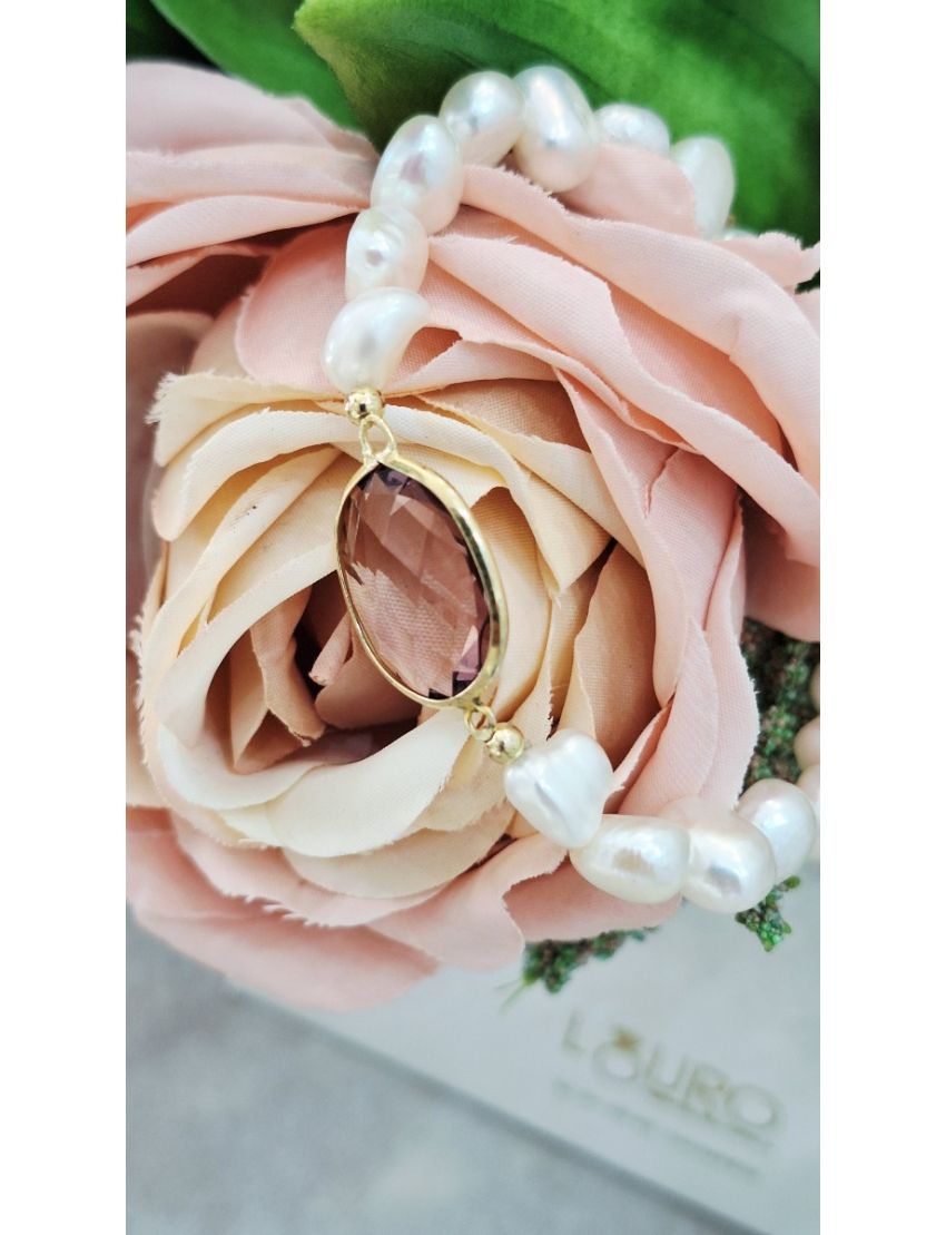 Pulseiras Perolas e Prata Pedra Rosa