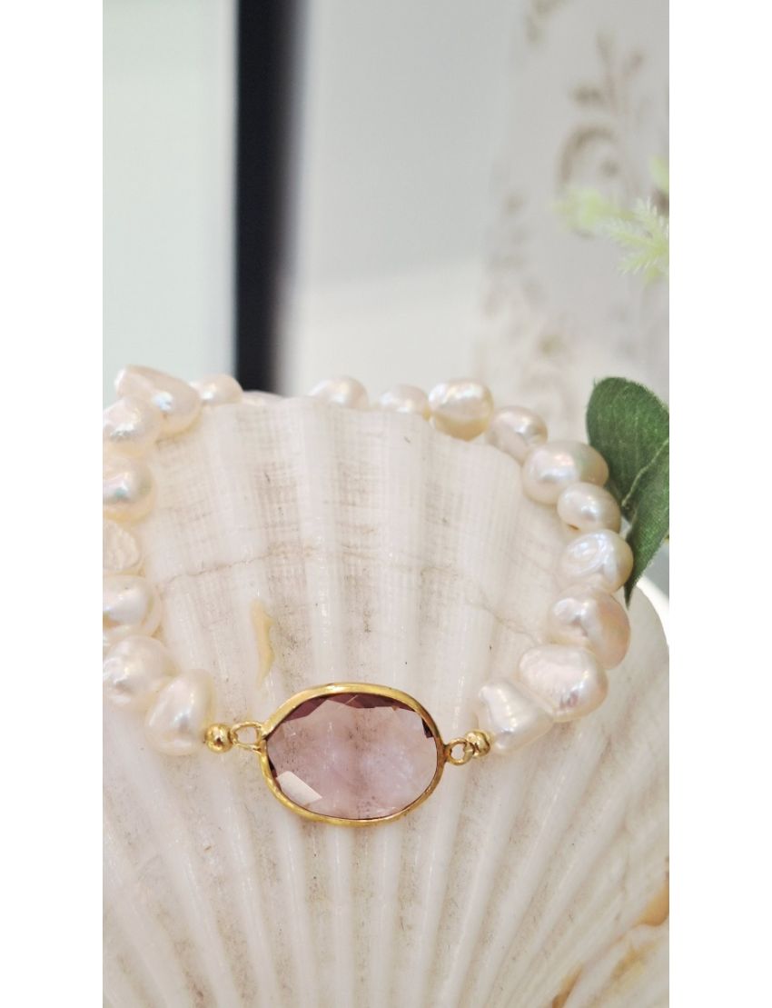 Pulseiras Perolas e Prata Pedra Rosa