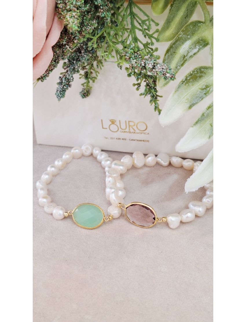 Pulseira Perolas e Prata Pedra Verde