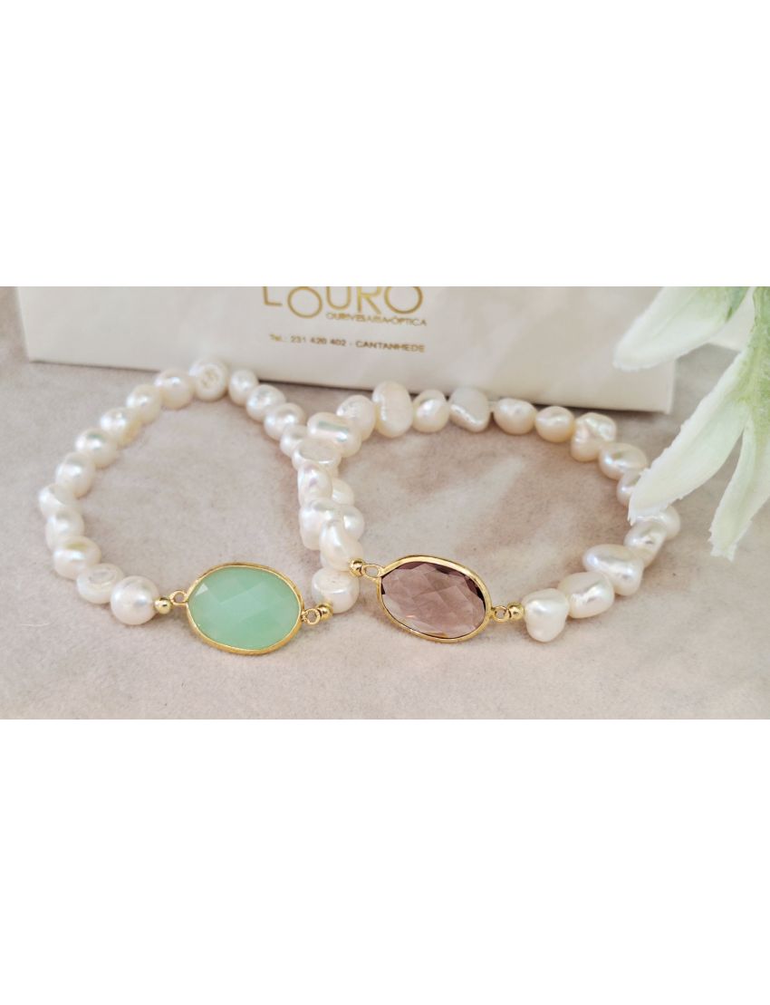 Pulseiras Perolas e Prata Pedra Rosa