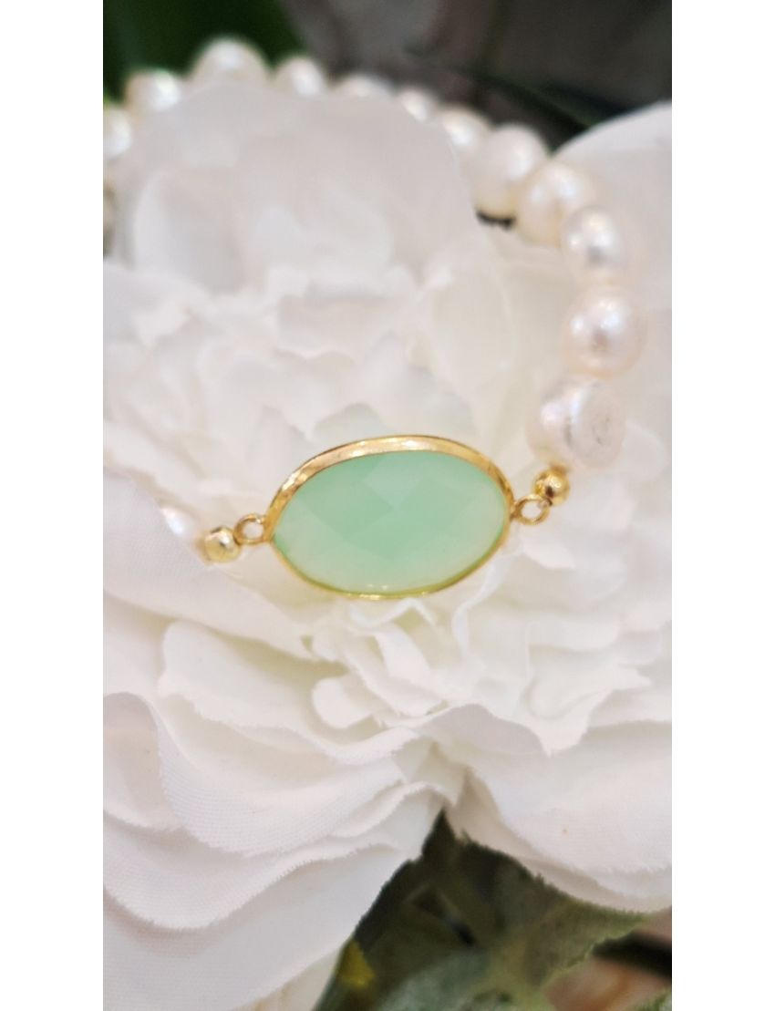 Pulseira Perolas e Prata Pedra Verde