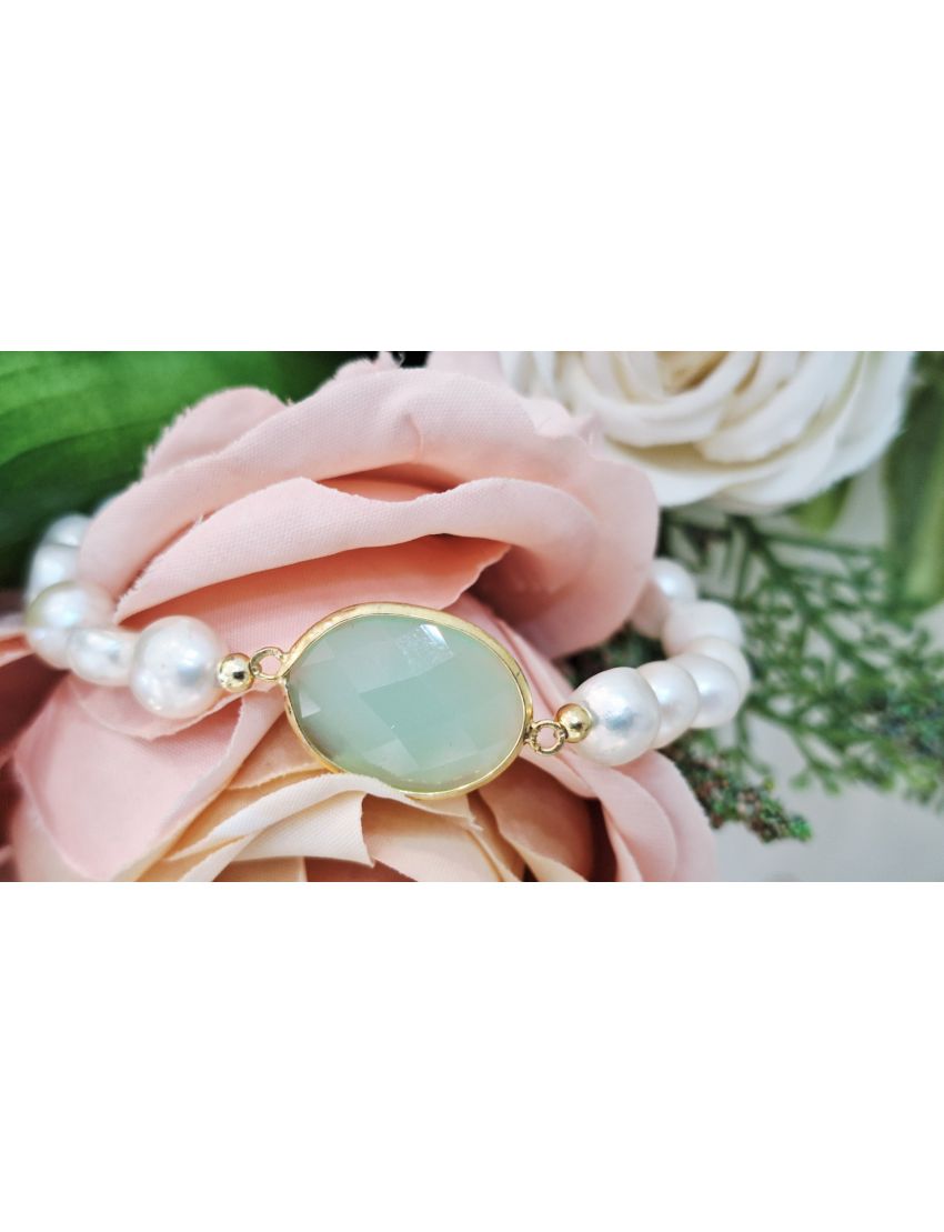 Pulseira Perolas e Prata Pedra Verde