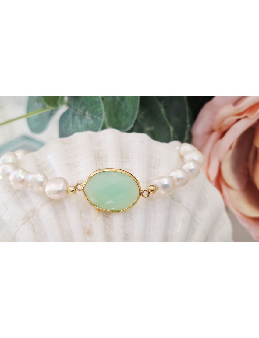 Pulseira Perolas e Prata Pedra Verde