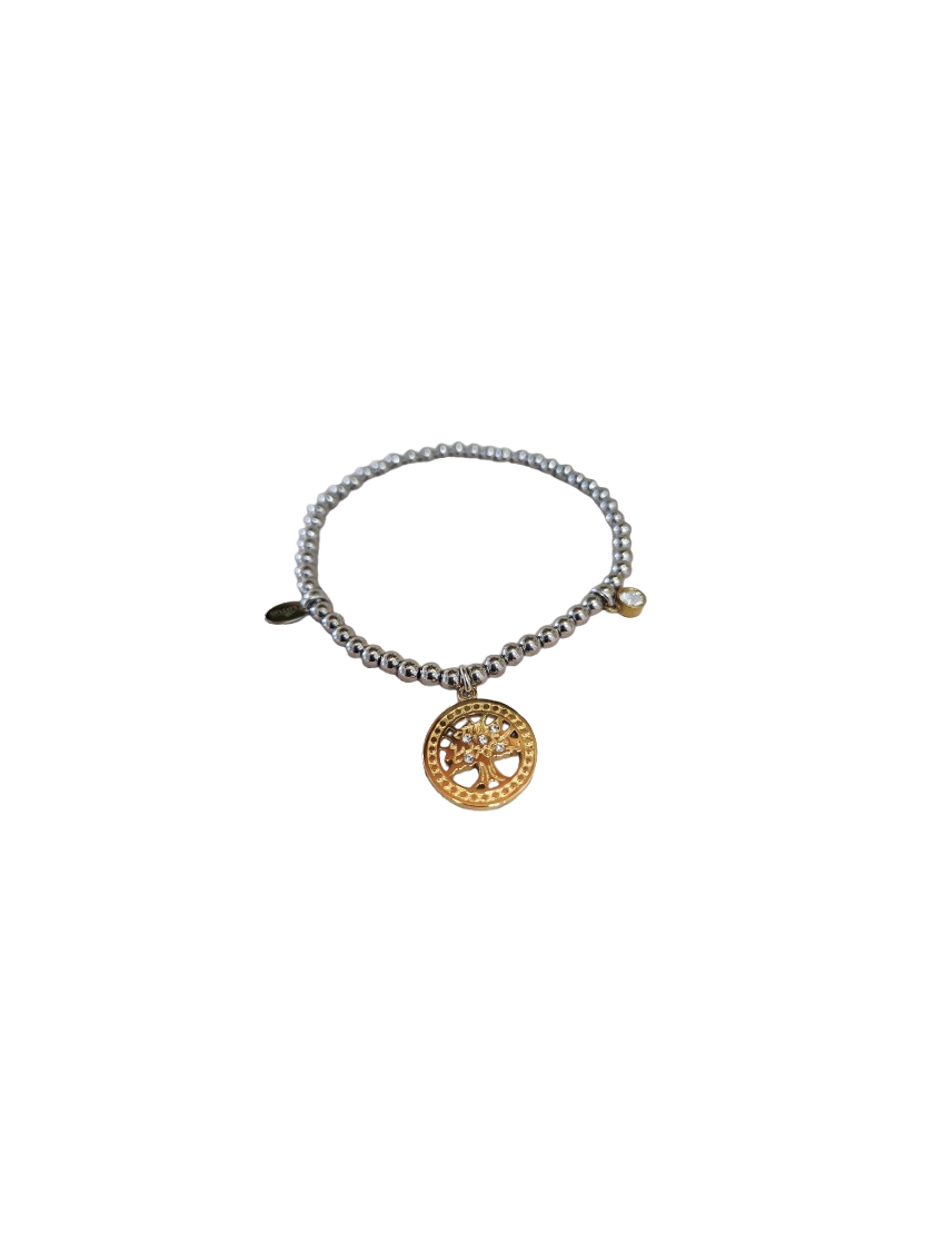 Pulseira Aço Lotus pendente Arvore da vida Bicolor