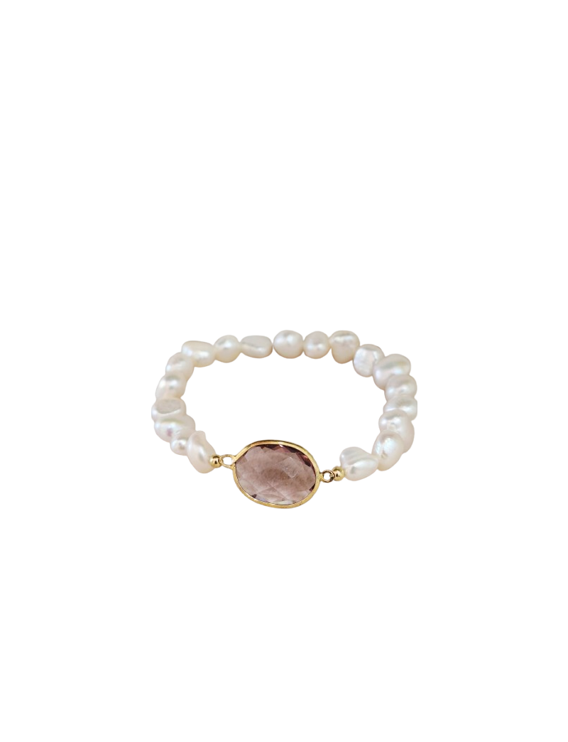 Pulseiras Perolas e Prata Pedra Rosa