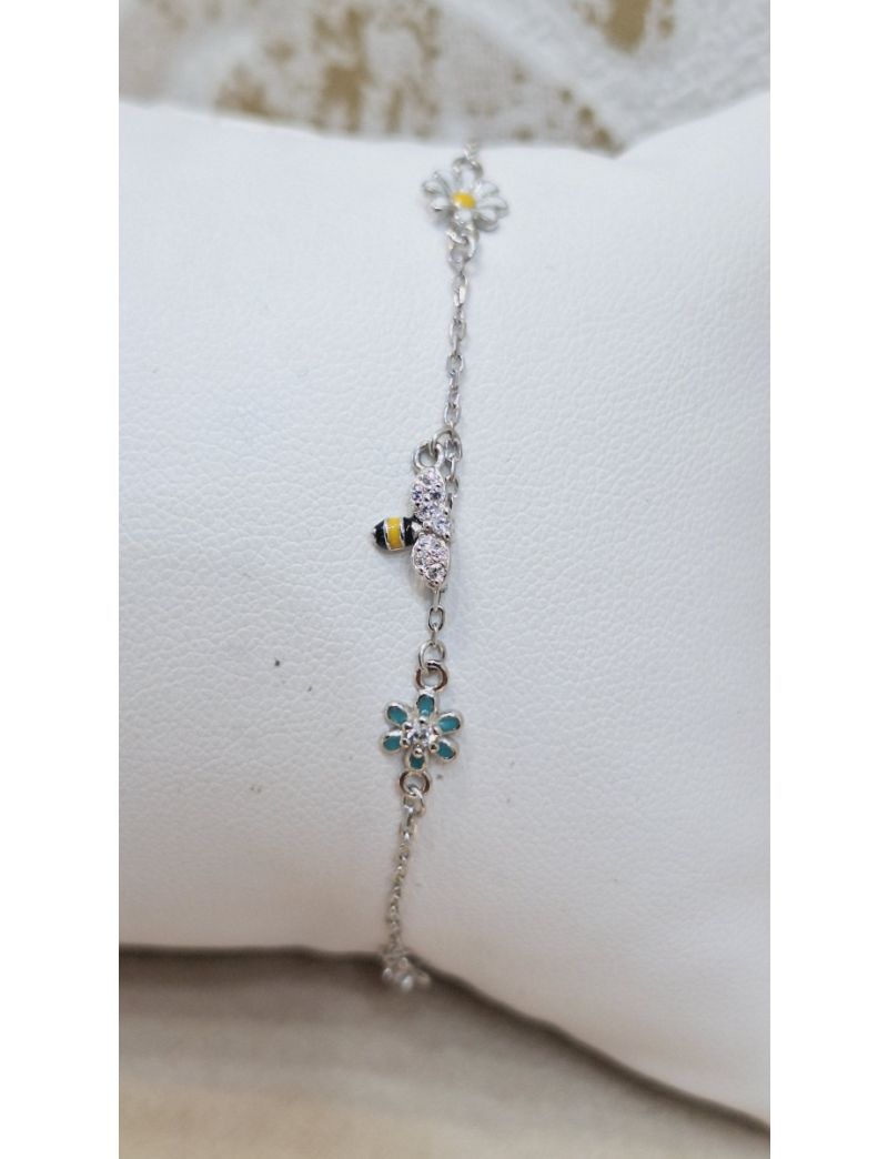 Pulseira Prata Abelha e flores