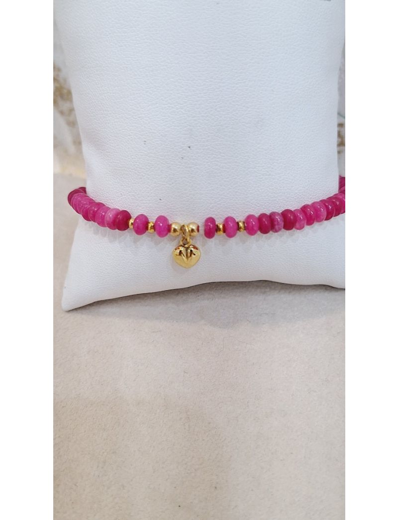 Pulseira Pedras Rosa e Prata Coração