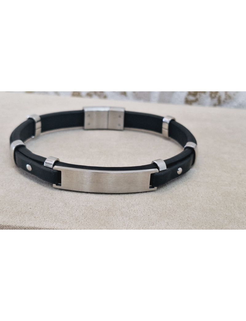 Pulseira Aço e Pele Preta 4