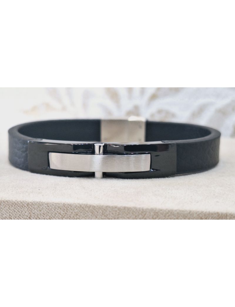 Pulseira Aço e Pele Preta 6