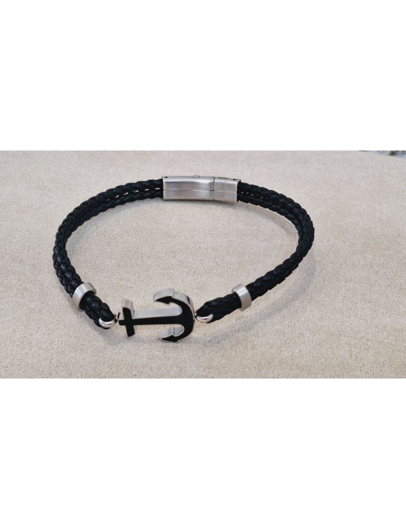 Pulseira Aço e Pele Preta 8